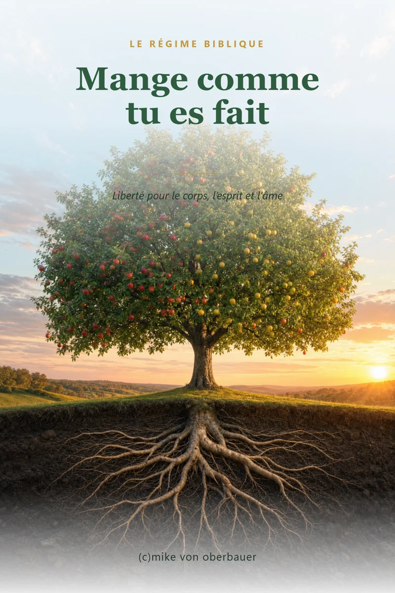 Couverture du livre : Mange comme tu es fait. Le régime biblique. Un arbre aux racines visibles dans la lumière du soir.