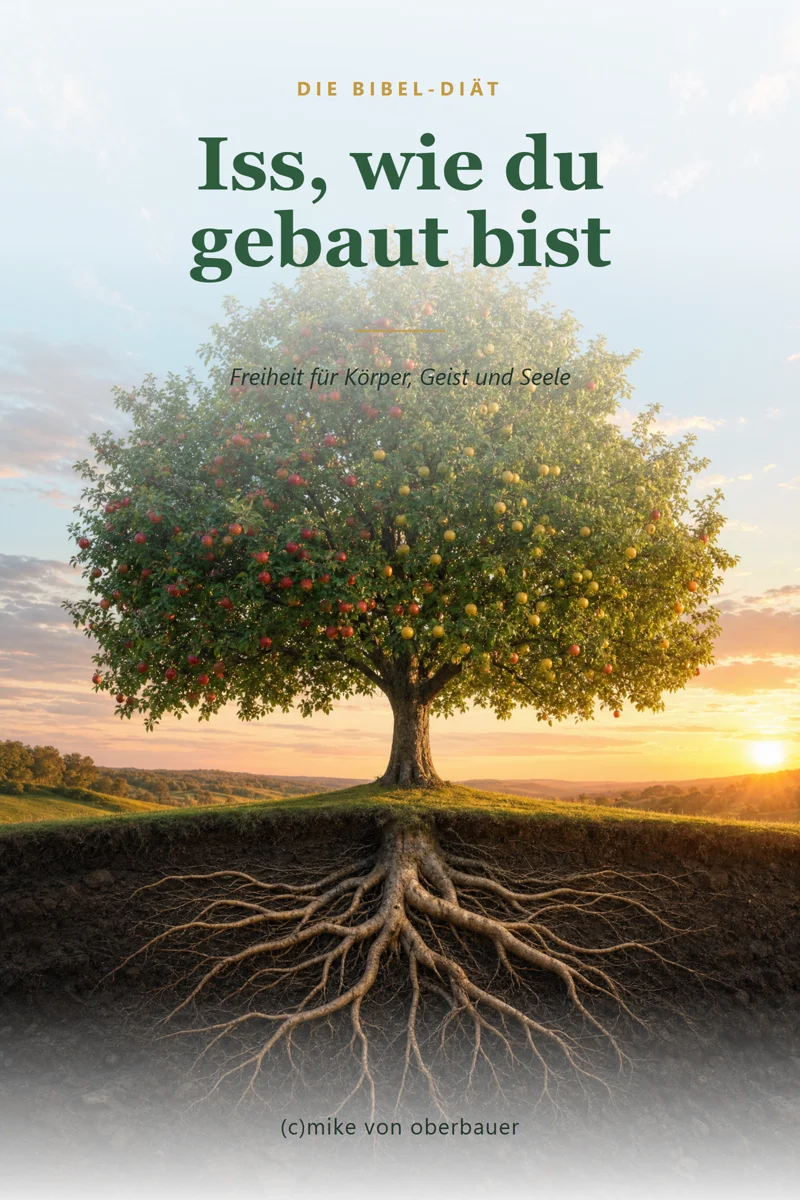 Buchcover: Iss, wie du gebaut bist. Die Bibel-Diät. Ein Baum mit sichtbaren Wurzeln im Abendlicht.